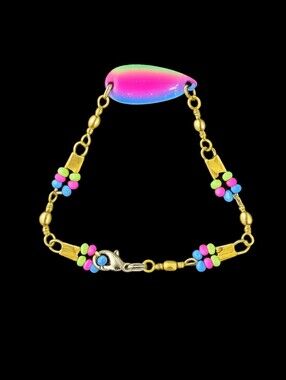 NEW Handcrafted Fishing Lure Swivel & Bait Neon Beaded Bracelet. Measures 7in